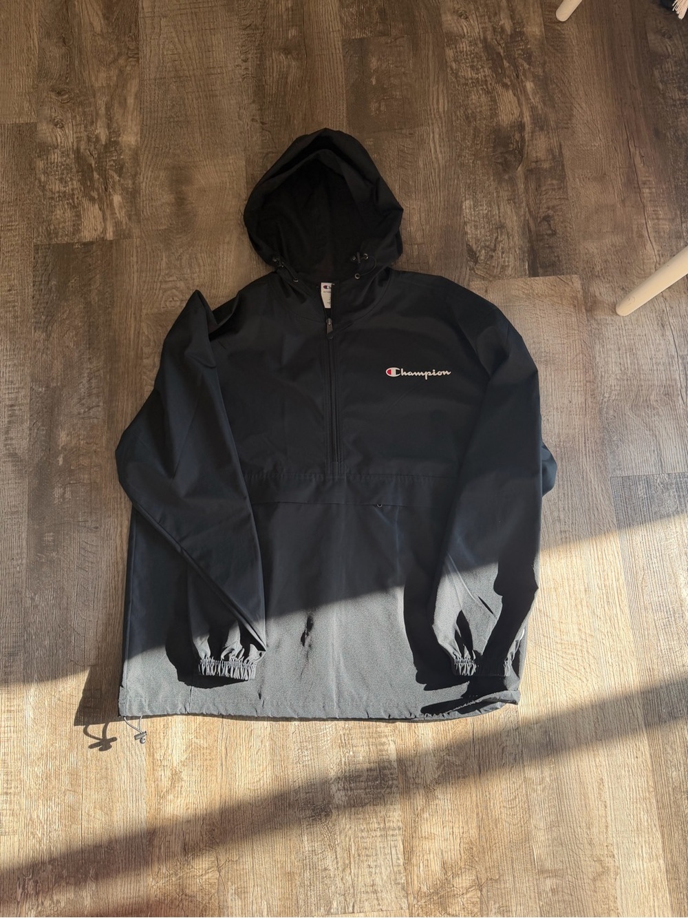 Champion Black Hooded Half-Zip Windbreaker with Logo